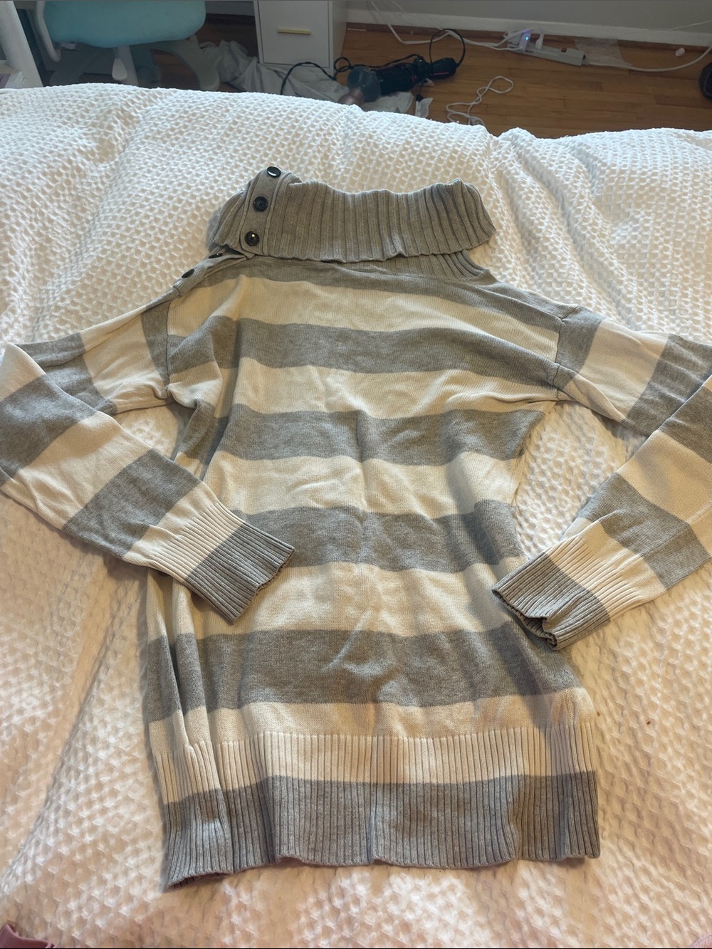 Banana Republic white & Gray Striped Button Cowl Sweater